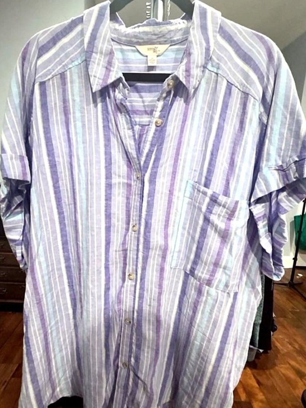 Terra & Sky Striped Button Front Shirt Plus Size 3X Purple Blue Short Sleeve